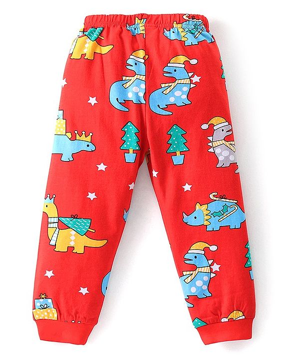 Babyhug Cotton Knit Full Sleeves Night Suit Dino Print- Red
