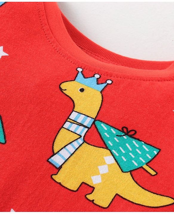 Babyhug Cotton Knit Full Sleeves Night Suit Dino Print- Red