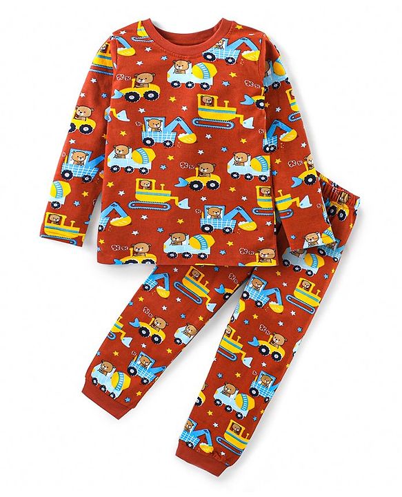 Babyhug Cotton Knit Full Sleeves Night Suit With Teddy & Vehicles Print - Dark Red