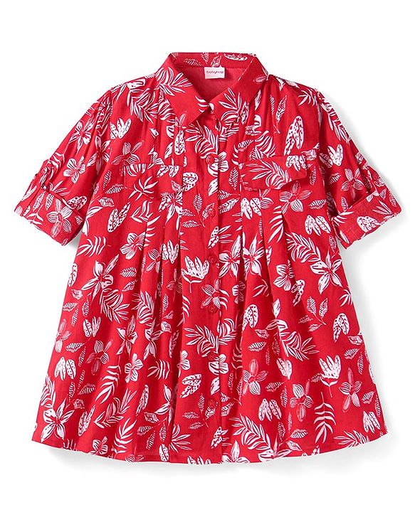Babyhug Viscose Woven Full Sleeves Floral Printed Collared Frock - Red