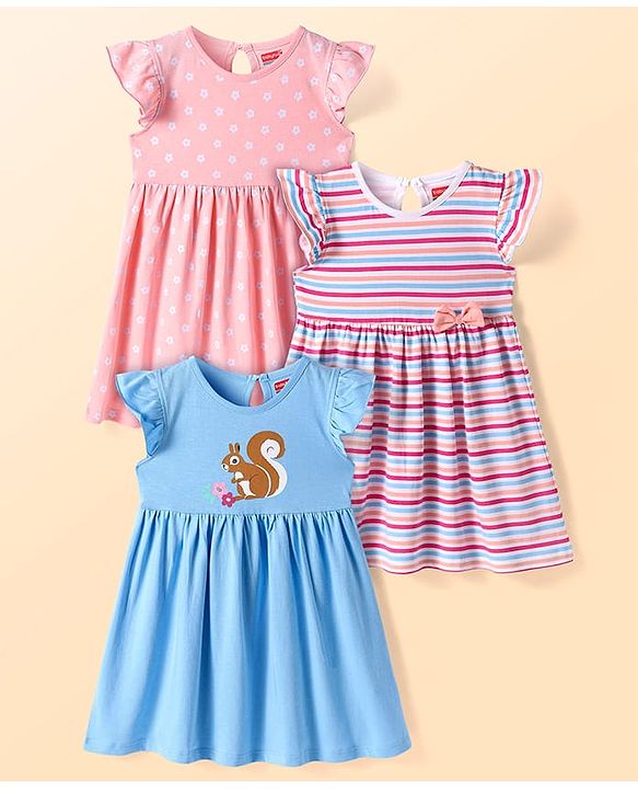 Babyhug Sinker Knit Frill Sleeves Frocks With Animal & Floral Print & Bow Applique Pack of 3 - Blue Pink & Peach