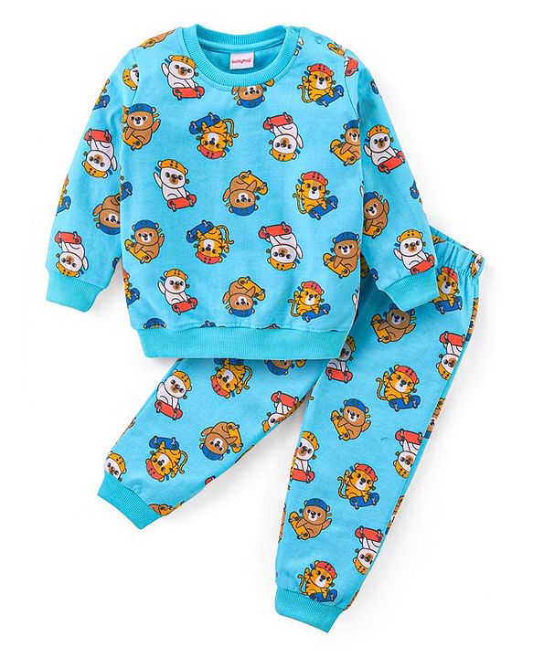 Babyhug Cotton Knit Full Sleeves Night Suit With Animals Print - Blue