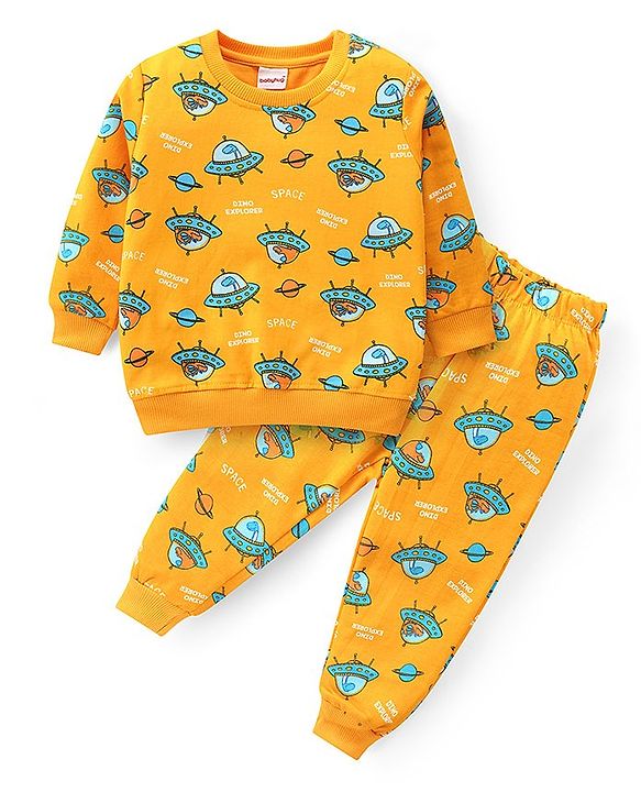 Babyhug Cotton Loop Knit Full Sleeves Night Suit Dino Explorer Print - Orange