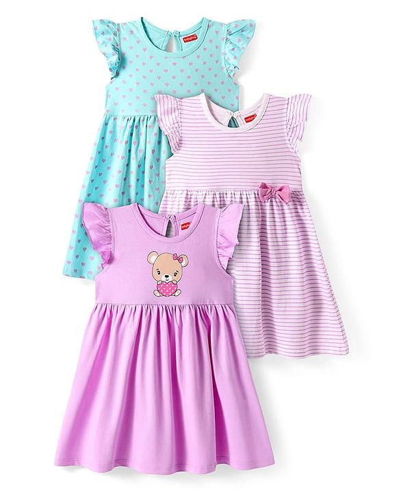 Babyhug Sinker Knit Frill Sleeves Striped Heart & Bear Printed Frocks with  Bow Applique  Pack of 3 - Lilac Blue & Pink