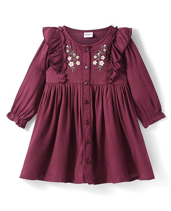 Babyhug Knit Full Peasant Sleeves Frock With Floral Embroidery & Frill Detailing - Maroon