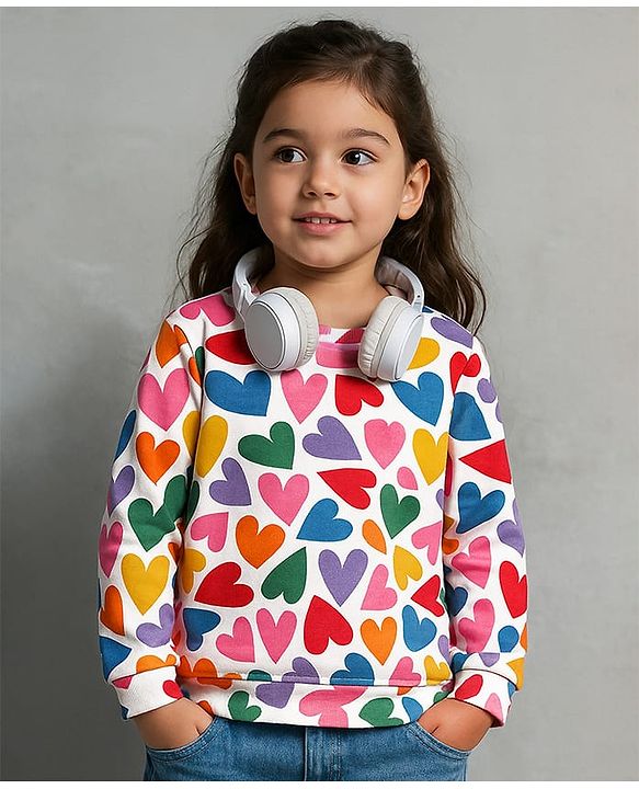 Babyhug Cotton Knit Full Sleeves Sweatshirt with Hearts Print - White