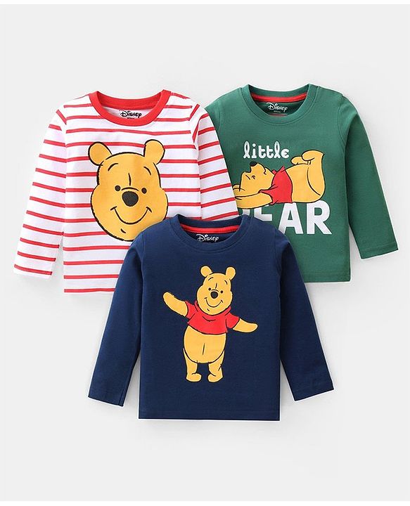 Babyhug Disney Single Jersey Full Sleeves T-Shirts with Winnie The Pooh Print Pack of 3 - Red  Green & Navy
