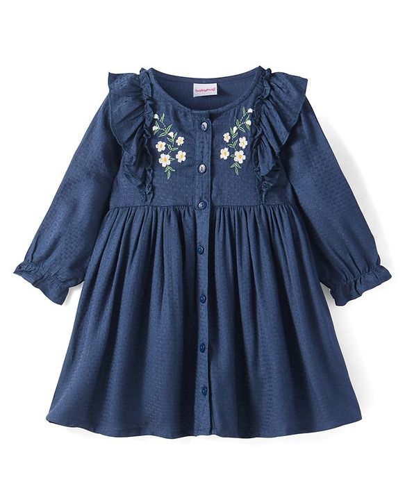Babyhug Viscose Woven Full Sleeves Frock With Frill Detail & Floral Embroidery - Navy