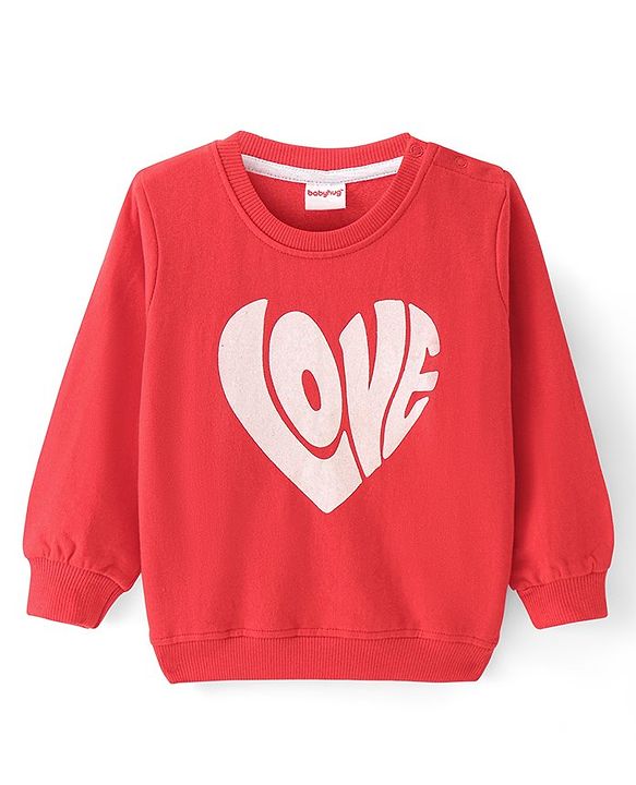 Babyhug Cotton Knit Full Sleeves Sweatshirt With Heart Print - Red