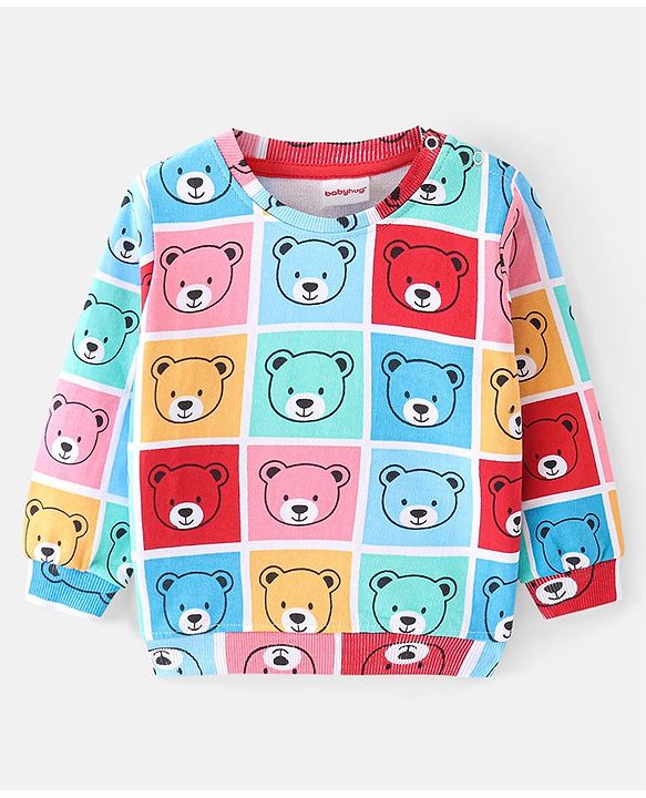 Babyhug Cotton Knit Full Sleeves Sweatshirt with Colour Block Design & Bear Print - Multicolour
