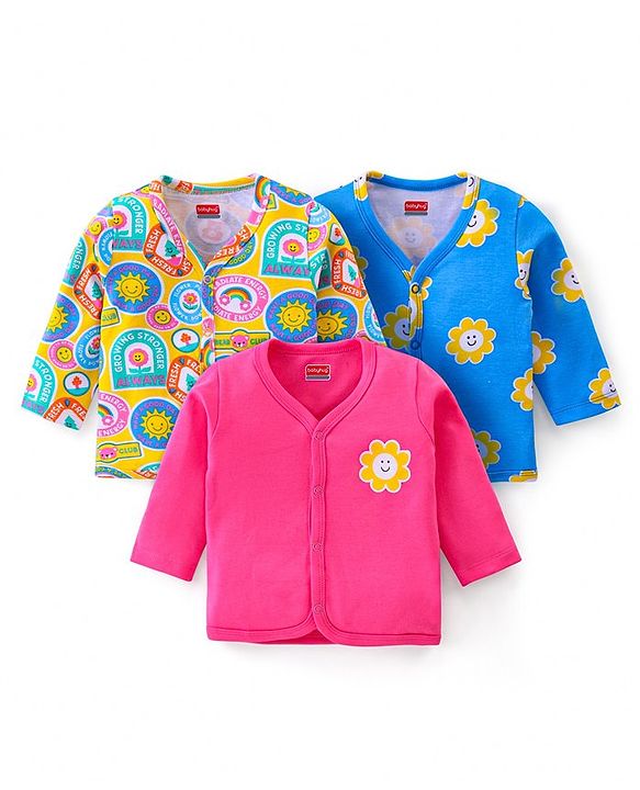 Babyhug 100% Cotton Knit Full Sleeves  Front Open Jhablas with Floral & Stamp Print Pack of 3 - Red & Blue