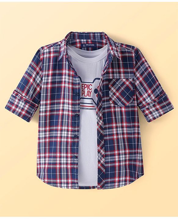 Pine Kids Cotton Woven Full Sleeves Checkered Shirt with Text Printed T-Shirt - Blue & Red