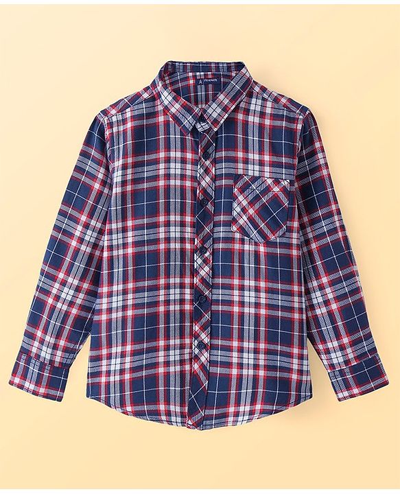 Pine Kids Cotton Woven Full Sleeves Checkered Shirt with Text Printed T-Shirt - Blue & Red