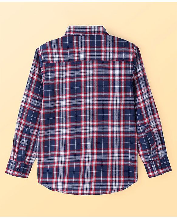 Pine Kids Cotton Woven Full Sleeves Checkered Shirt with Text Printed T-Shirt - Blue & Red