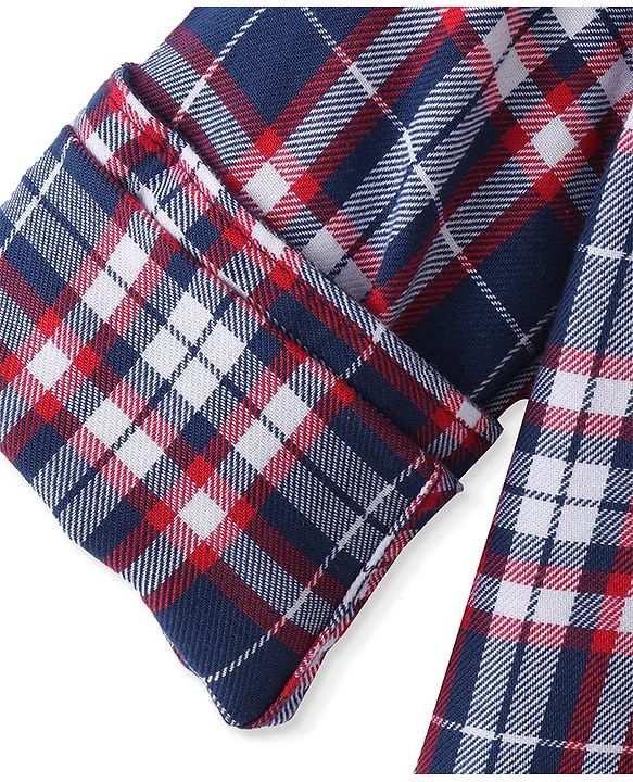 Pine Kids Cotton Woven Full Sleeves Checkered Shirt with Text Printed T-Shirt - Blue & Red