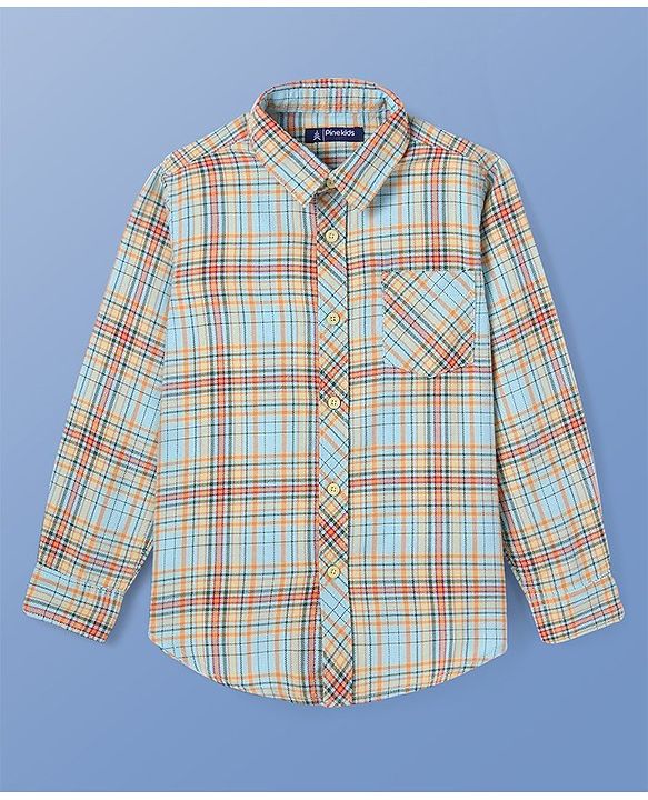 Pine Kids Cotton Woven Full Sleeves Checks Shirt With Inner Tee - Sea Green
