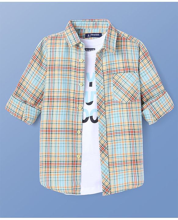 Pine Kids Cotton Woven Full Sleeves Checks Shirt With Inner Tee - Sea Green