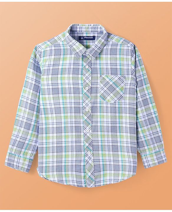 Pine Kids Cotton Woven Full Sleeves Checkered Shirt With Printed T-Shirt - White