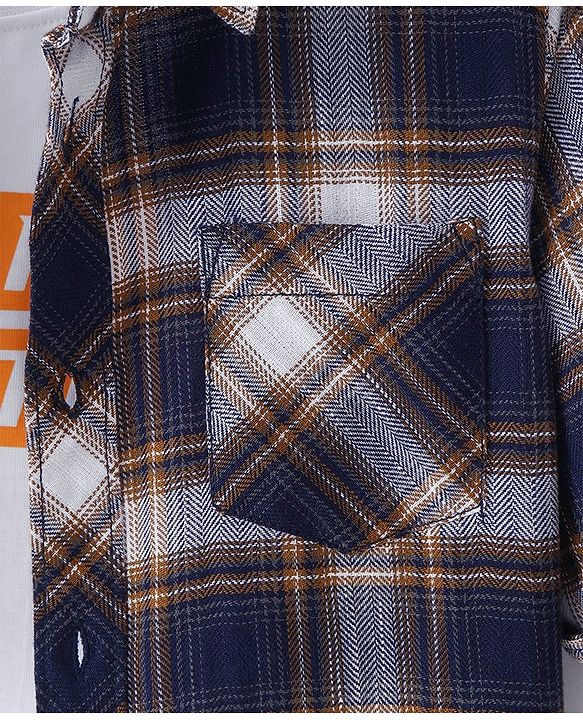 Pine Kids Cotton Woven Full Sleeves  Checkered Shirt with Inner Tee Text Print - Navy & White