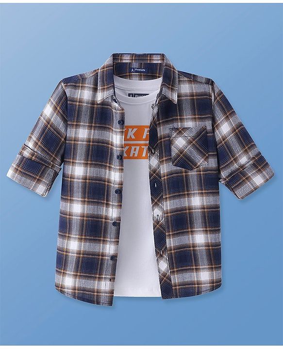 Pine Kids Cotton Woven Full Sleeves  Checkered Shirt with Inner Tee Text Print - Navy & White