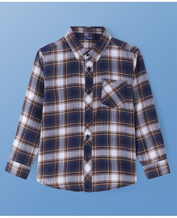 Pine Kids Cotton Woven Full Sleeves  Checkered Shirt with Inner Tee Text Print - Navy & White