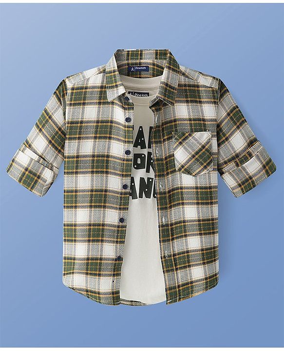 Pine Kids Cotton Woven Full Sleeves Checkered Shirt with Inner Tee - Olive Green