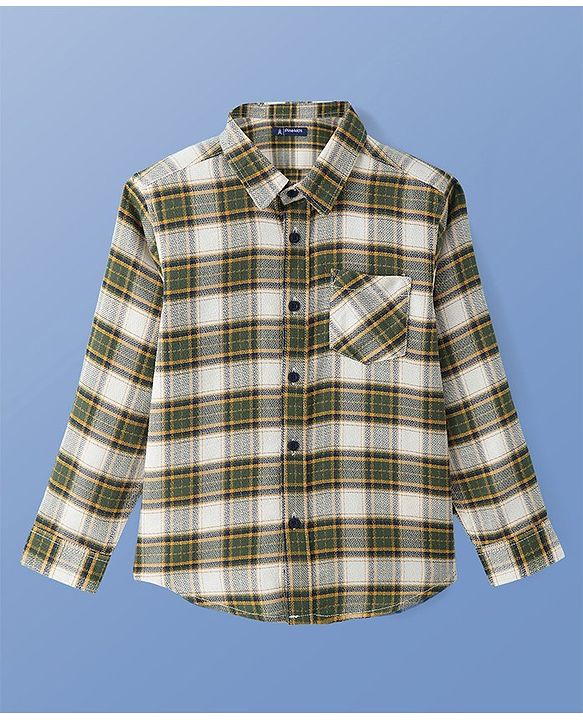Pine Kids Cotton Woven Full Sleeves Checkered Shirt with Inner Tee - Olive Green