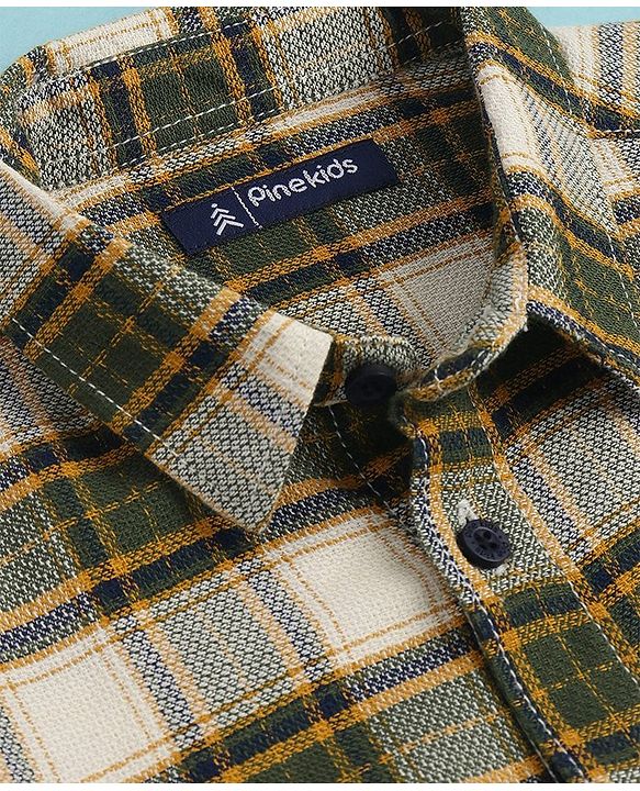 Pine Kids Cotton Woven Full Sleeves Checkered Shirt with Inner Tee - Olive Green