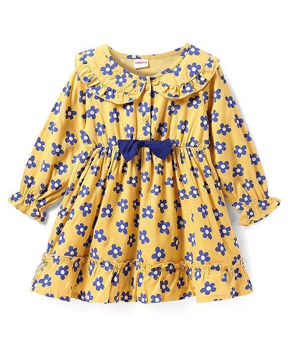 Babyhug Viscose Woven Full Sleeves Floral Printed Frock with Peter Pan Collar & Bow Detailing - Yellow