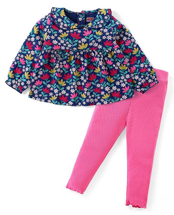 Babyhug Cotton Knit Full Sleeves Peter Pan Collared Floral Printed Top & Leggings Set - Navy & Pink