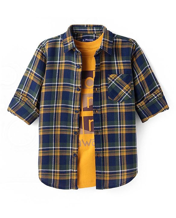 Pine Kids Cotton Woven Full Sleeves Checks Shirt With Inner Tee - Navy & Orange