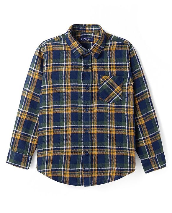 Pine Kids Cotton Woven Full Sleeves Checks Shirt With Inner Tee - Navy & Orange