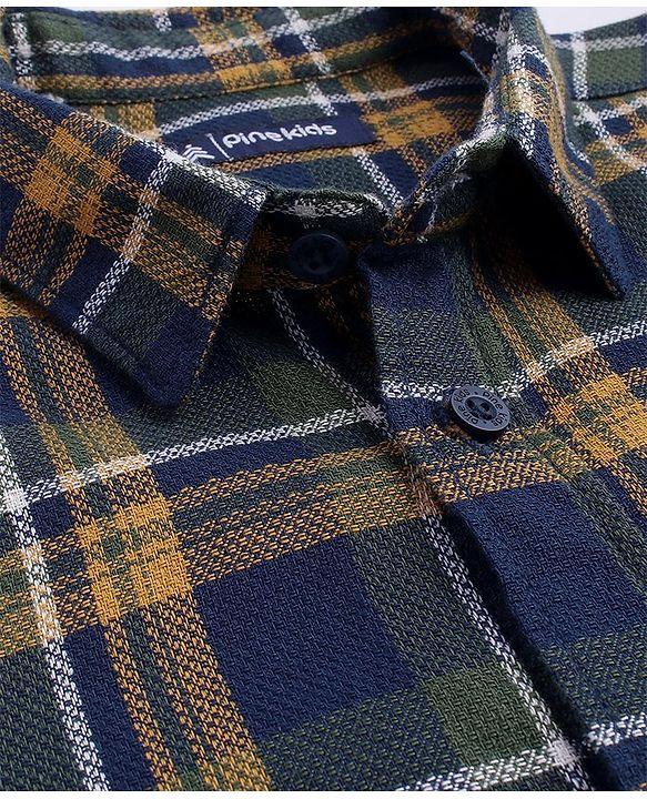 Pine Kids Cotton Woven Full Sleeves Checks Shirt With Inner Tee - Navy & Orange