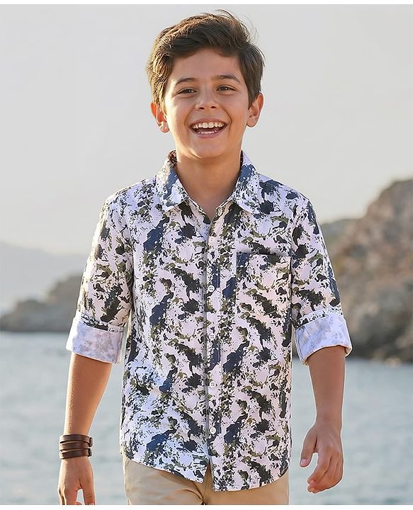 Pine Kids Cotton Woven Full Sleeves Printed Shirt - White