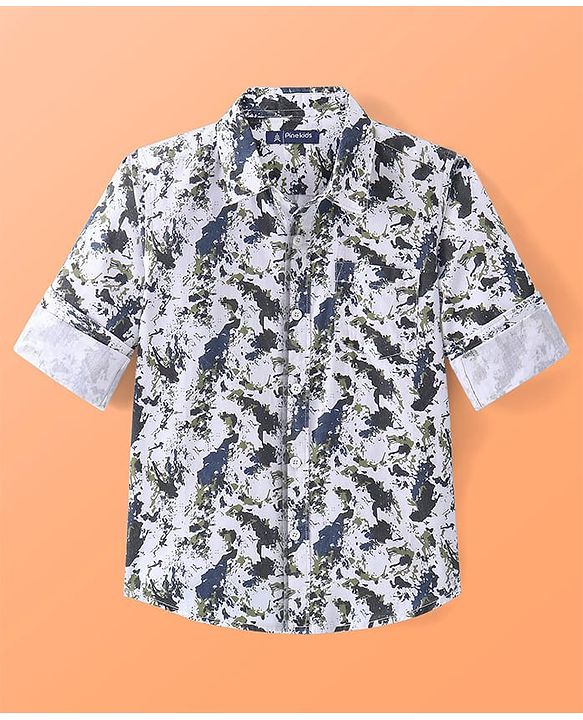 Pine Kids Cotton Woven Full Sleeves Printed Shirt - White
