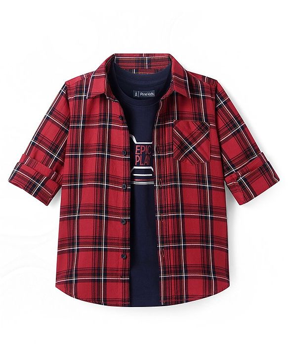 Pine Kids Cotton Woven Full Sleeves Regular Collar Shirt With Checks & Printed Inner Tee - Dark Red & Black