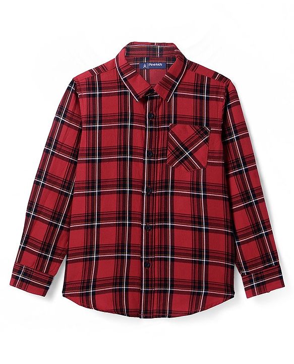 Pine Kids Cotton Woven Full Sleeves Regular Collar Shirt With Checks & Printed Inner Tee - Dark Red & Black