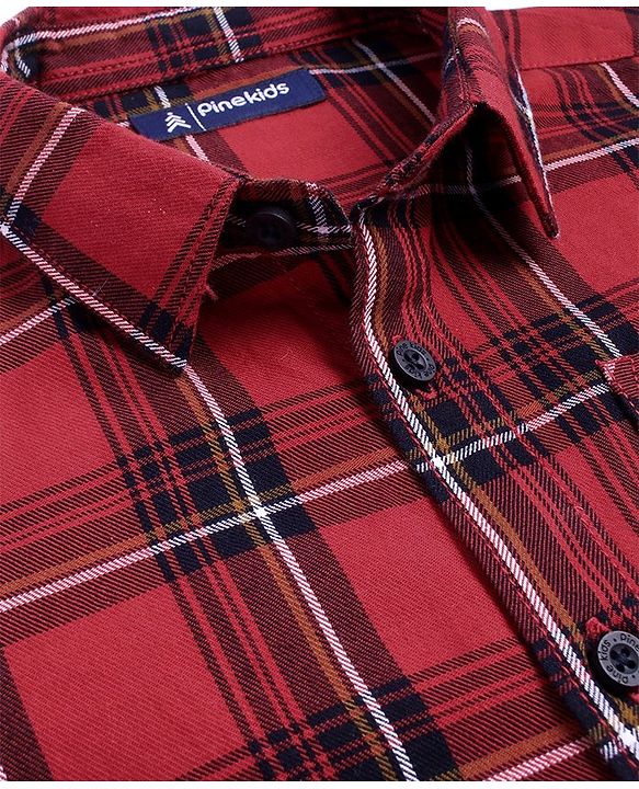 Pine Kids Cotton Woven Full Sleeves Regular Collar Shirt With Checks & Printed Inner Tee - Dark Red & Black