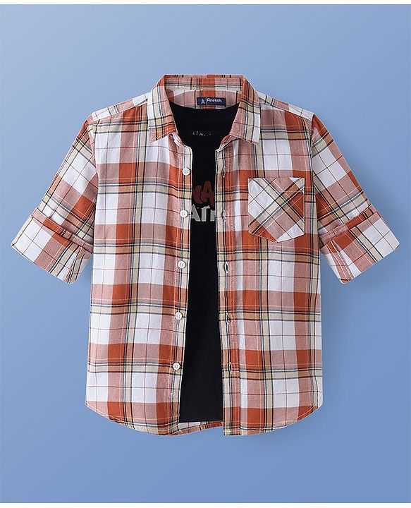 Pine Kids Cotton Woven Full Sleeves Checkered Shirt With Printed T-Shirt - White