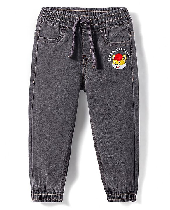 Babyhug Denim Washed Full Length Joggers With Stretch & Cub Face Print - Grey