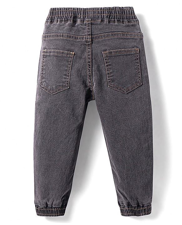 Babyhug Denim Washed Full Length Joggers With Stretch & Cub Face Print - Grey