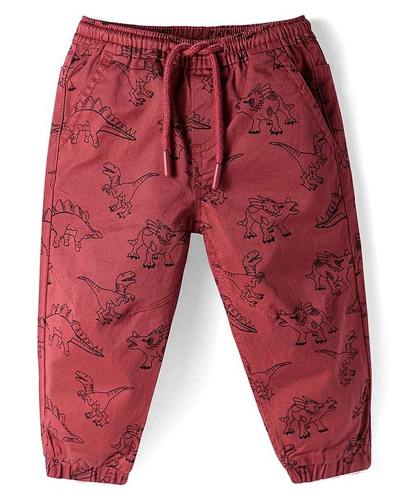 Babyhug Full Length Joggers With Dino Print _ Dark Red