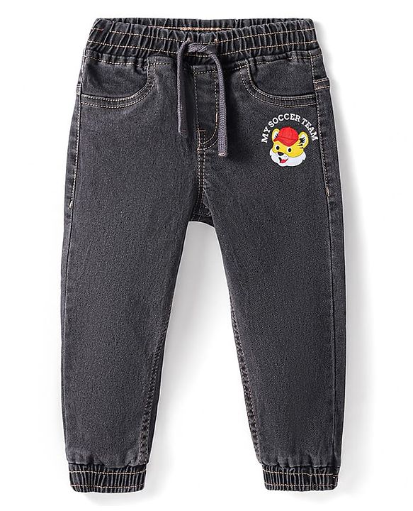 Babyhug Denim Full Length Washed Joggers with Stretch & Lion Print - Charcoal Grey