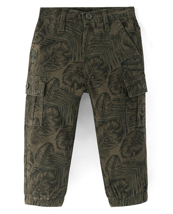 Babyhug Twill Lycra Full Length Leaves Printed Joggers with Stretch & Cargo Pockets - Dark Green