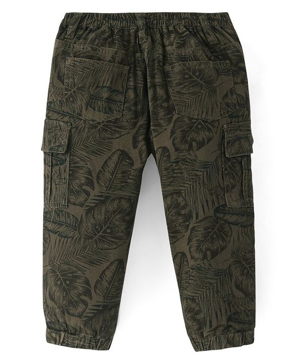 Babyhug Twill Lycra Full Length Leaves Printed Joggers with Stretch & Cargo Pockets - Dark Green