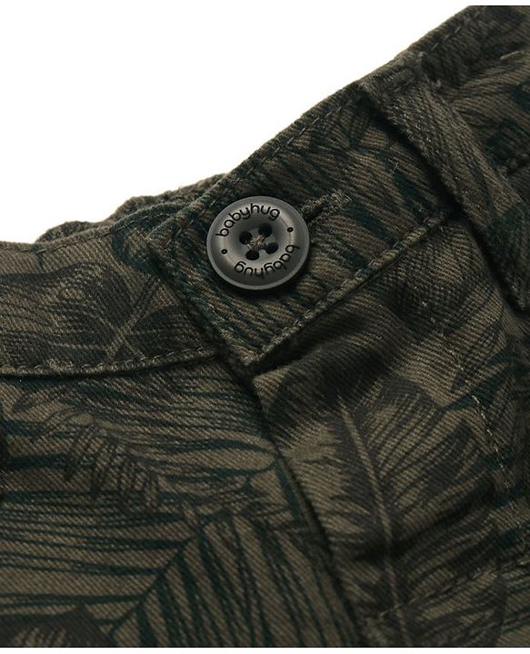 Babyhug Twill Lycra Full Length Leaves Printed Joggers with Stretch & Cargo Pockets - Dark Green