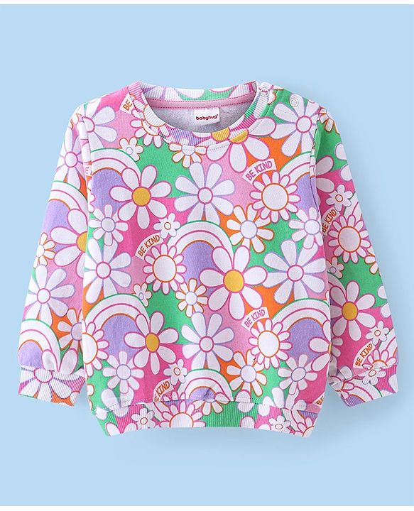 Babyhug Cotton Knit Full Sleeves Floral Printed Sweatshirt - Pink & White