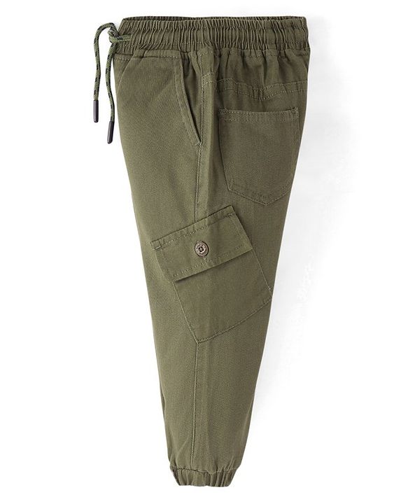 Babyhug Twill Lycra Full Length Solid Color Stretchable Joggers - Olive Green