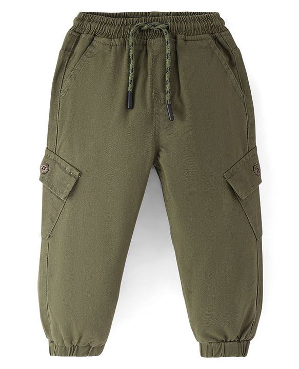 Babyhug Twill Lycra Full Length Solid Color Stretchable Joggers - Olive Green