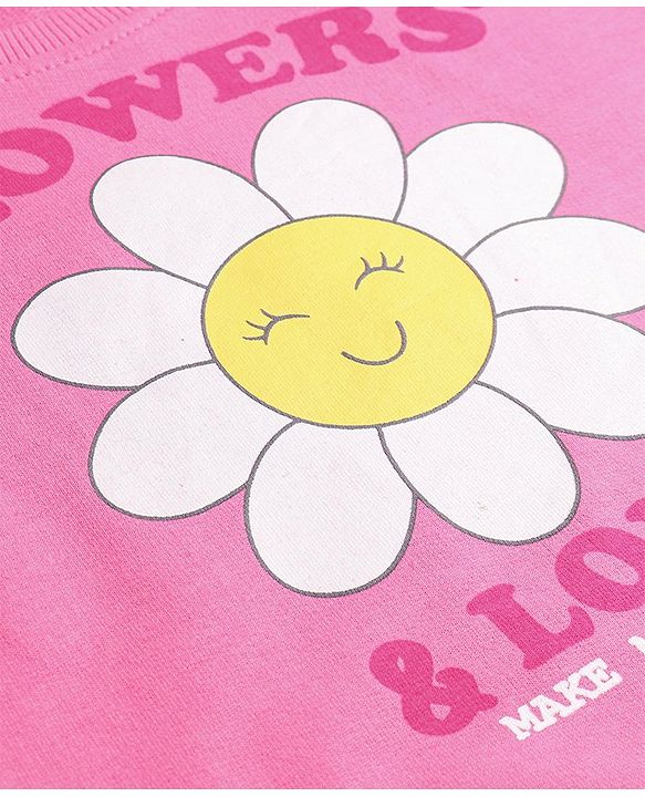 Babyhug Cotton Knit Full Sleeves Sweatshirt With Floral Print - Pink